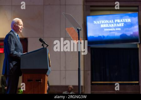 Reportage: President Joe Biden attends the National Prayer Breakfast, Thursday, February 2, 2023, at the U.S. Capitol Visitor Center at the U.S. Capitol in Washington, D.C. Stock Photo