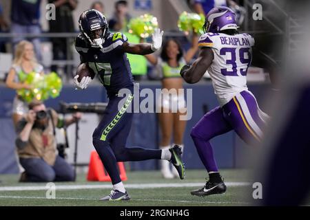 Seattle Seahawks wide receiver Matt Landers (17) jogs during the NFL  football team's rookie minicamp, Friday, May 12, 2023, in Renton, Wash. (AP  Photo/Lindsey Wasson Stock Photo - Alamy