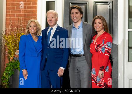 Reportage: President Biden visit to Ottawa Canada (2023) - President Joe Biden and First Lady Jill Biden arrive at Rideau Cottage in Ottawa, Ontario, Canada, Thursday, March 23, 2023, and are greeted by Canadian Prime Minister Justin Trudeau and his wife Mrs. Sophie Gregoire Trudeau. Stock Photo