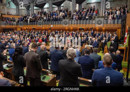 Reportage: President Biden visit to Ottawa Canada (2023) - President Joe Biden addresses a joint session of Parliament, Friday, March 24, 2023, at Parliament Hill in Ottawa, Ontario, Canada. Stock Photo