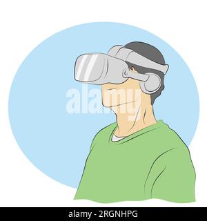 half length of man using vr glasses illustration vector hand drawn isolated on white background Stock Vector