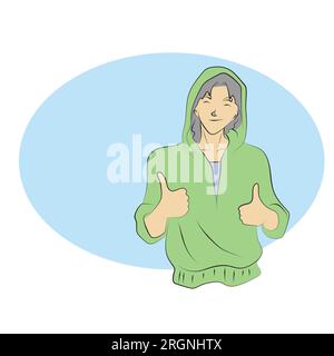 half length of man in green hood showing thumbs up illustration vector hand drawn isolated on white background Stock Vector