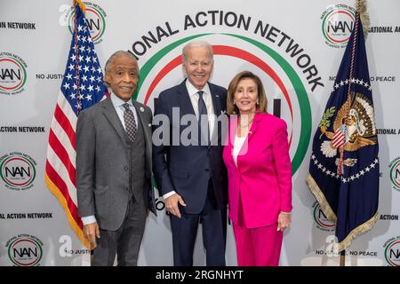 Reportage: President Joe Biden poses for a photo with Rev. Al Sharpton and former House Speaker Nancy Pelosi (D-Calif.) at the Mayflower Hotel in Washington, D.C. on Monday, January 16, 2023, before attending National Action Network’s Dr. Martin Luther King Jr. Day Breakfast. Stock Photo