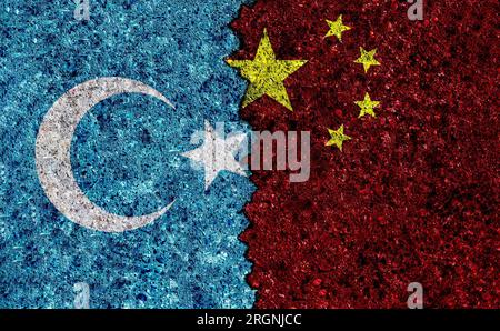 China and East Turkestan flags on wall. China and Uyghur relations. Uyghur vs China Stock Photo