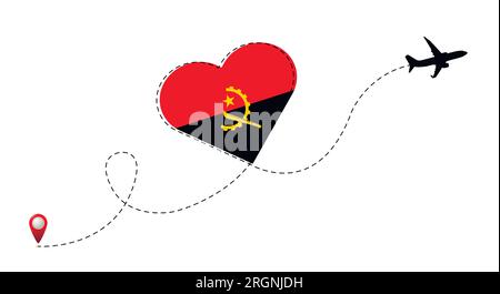 Airplane flight route with Angola flag inside the heart. Stock Vector