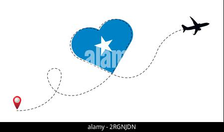 Airplane flight route with Somalia flag inside the heart. Stock Vector