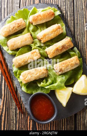 Vietnamese food spring roll or cha gio, a delicious fried food with cylinder shape closeup on the plate on the table. Vertical top view from above Stock Photo