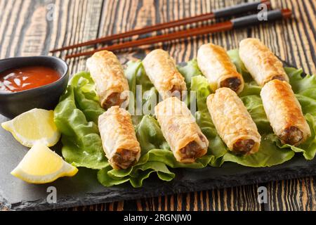 Vietnamese nems or deep fried spring rolls with chicken closeup on the plate on the table. Horizontal Stock Photo