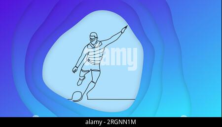 Image of drawing of male rugby player kicking ball and shapes on blue background Stock Photo