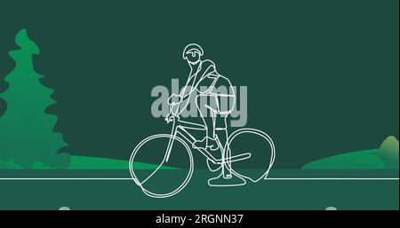 Image of drawing of female cyclist over trees Stock Photo