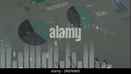 Image of infographic interface over graphs and map against black ...