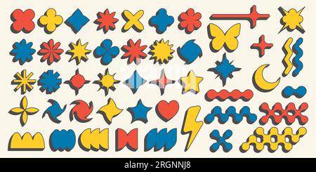 Abstract geometric elements for design. Neobrutalism graphic shapes. Minimal groovy Y2k retro stickers. Set of retro labels. Simple vector flowers Stock Vector