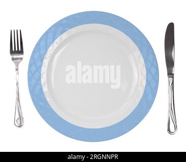Εmpty plate with fork and knife isolated on white transparent background, top view, Stock Photo