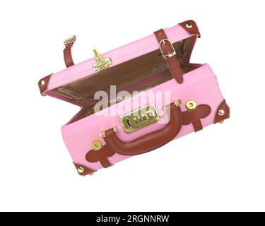 Travel bag. Pink open empty suitcase isolated on white transparent background, Stock Photo