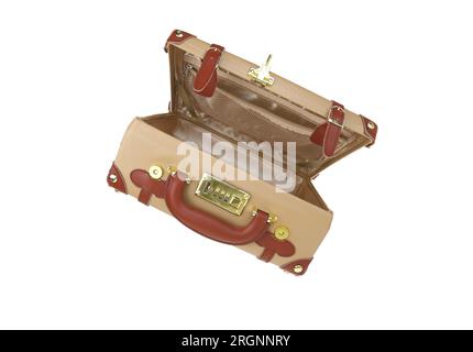 Travel bag. Old fashioned suitcase open empty isolated on white transparent background Stock Photo
