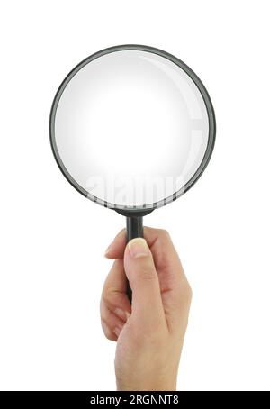 Female hand holding magnifying glass isolated on white transparent background, top view Stock Photo