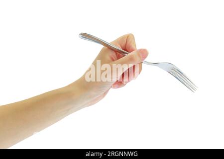 Female hand holding a fork isolated on white transparent background Stock Photo