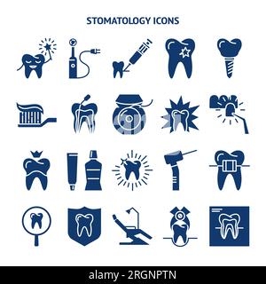 Stomatology and orthodontics silhouette icon set in flat style. Teeth care and dental treatment symbols. Vector illustration. Stock Vector