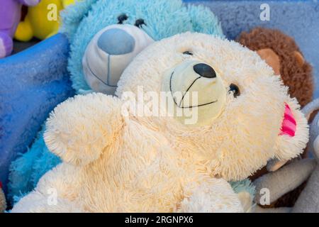 Soft teddy bears close-up. A gift for a child Stock Photo