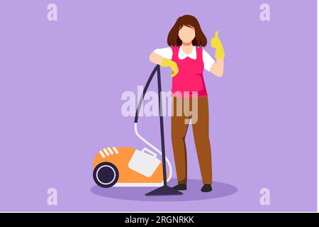 Cartoon flat style drawing worker of cleaning service. Beautiful woman dressed in uniform with vacuum cleaner. Washing, cleaning service. Disinfection Stock Photo