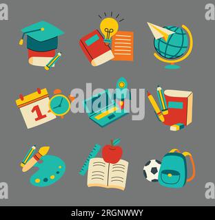 Back to school sticker set doodle style. Education hand drawn objects and symbols. Stock Vector