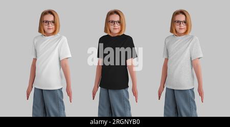 Mockup of a white, black, heather kid's t-shirt on a fair girl in glasses, jeans, for brand, design. Set. Children's clothes, isolated on the backgrou Stock Photo