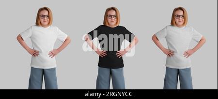 Mockup of white, black, heather kid's t-shirt on a posing girl in glasses, front, clothing for design. Set of children's clothes isolated on backgroun Stock Photo