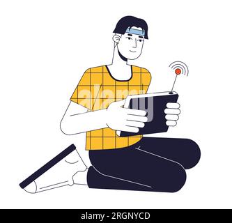 Happy asian man with wireless control console flat line color vector character Stock Vector