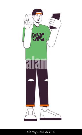 Cheerful asian man using gadget flat line color vector character Stock Vector