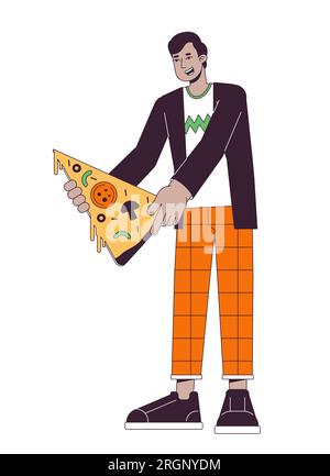 Happy man holding pizza slice flat line color vector character Stock Vector