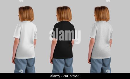 Back view apparel set, mockup of white, black, heather t-shirts for a girl with short hair, kid's wear isolated on background. Product photography for Stock Photo