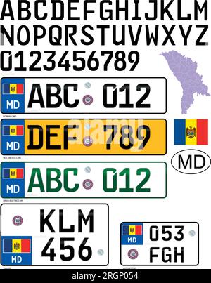Moldova car and various license plate, letters, numbers and symbols, vector illustration, Europe Stock Vector