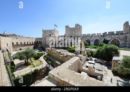 A view of the inner ground of the Citadel with the archaeological excavations. Tower of David museum, Old city of Jerusalem, Israel. Stock Photo