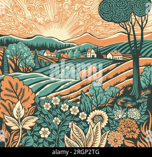 Fields Rolling Hills Farm Land Flowers Background Stock Vector