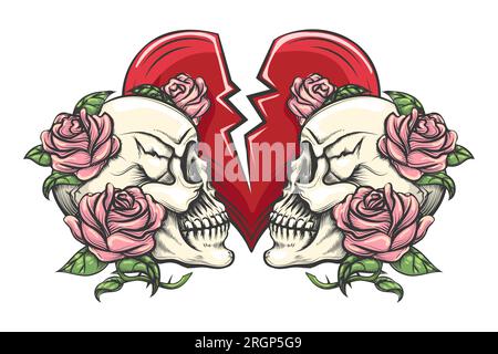 Engraving colored  tattoo of Two Skulls in Roses and Broken Heart isolated on white. Vector illustration Stock Vector