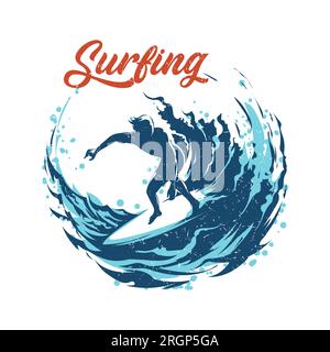 Retro Grunge Emblem of Surfiing Man and Big Ocean Wave colored print temlate isolated on white. Vector illustration Stock Vector