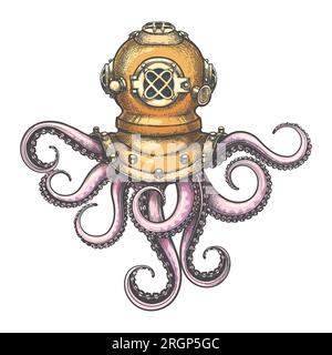 Octopus in Retro Diving Helmet colored Engraving Tattoo isolated on white. Vector illustration. Stock Vector