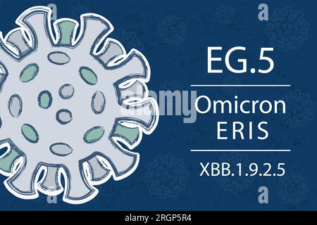A new Omicron variant EG.5 alias XBB.1.9.2.5. Also known as Eris. White text on dark blue background with image of coronavirus. Stock Vector