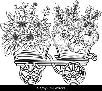 Composition with sunflowers in a wheelbarrow, coloring autumn theme, thanksgiving t-shirt print Stock Vector