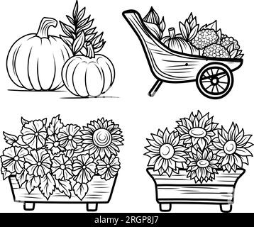 COLORING COLLECTION FOR CHILDREN. Composition with sunflowers in a wheelbarrow, autumn theme coloring book, thanksgiving t-shirt print Stock Vector