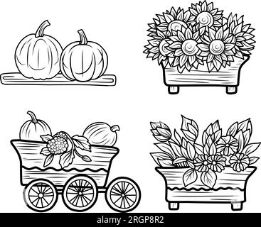 COLORING COLLECTION FOR CHILDREN. Composition with sunflowers in a wheelbarrow, autumn theme coloring book, thanksgiving t-shirt print Stock Vector