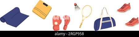 Sports equipment set, health and fitness items.Yoga essentials, weights, and doodle-style gym items for workout experience. Flat vector illustration i Stock Vector