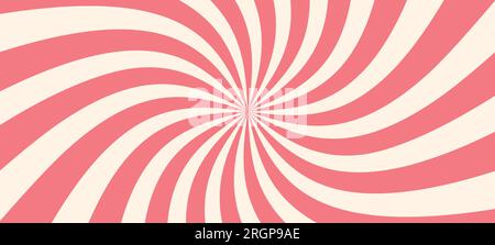 Pink ice cream and candy swirl background, lollipop vortex patterns intermixed with strawberry and circus elements. Retro spiral design. Flat vector i Stock Vector