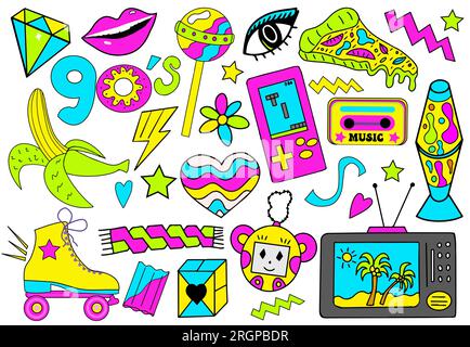 Set of 90s retro devices in modern acid psychedelic style. Nostalgia for 1990s. cassette, game console, roller skates, electronics. Vector Stock Vector