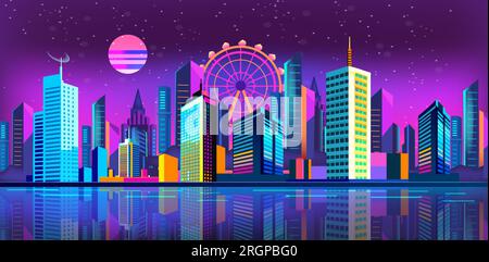 Futuristic night city flat design. Cityscape on a dark background with bright and glowing neon purple and blue lights. Cyberpunk and retro wave style Stock Vector