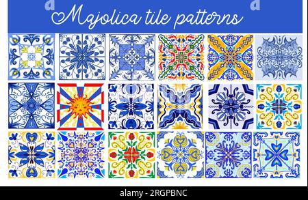 Majolica patterns set. Sicilian hand drawn blue ornament. Traditional blue and white ceramic tiles. Portuguese traditional azulejo pattern. Moroccan Stock Vector