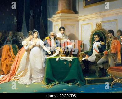 NAPOLEON BONAPARTE (1769-1821) presiding over the civil dissolution of the marriage of Josephine. Detail of painting by Henri Schopin (1843) Stock Photo