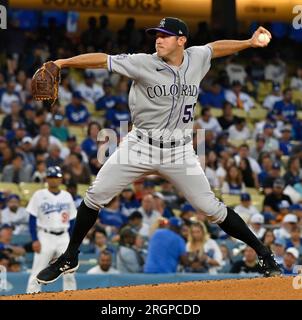 Los Angeles, United States. 10th Aug, 2023. Colorado Rockies starting pitcher Ty Blach delivers during the second inning at Dodgers Stadium in Los Angeles on Thursday, August 10, 2023. The Dodgers defeated the Rockies 2-1. Photo by Jim Ruymen/UPI Credit: UPI/Alamy Live News Stock Photo