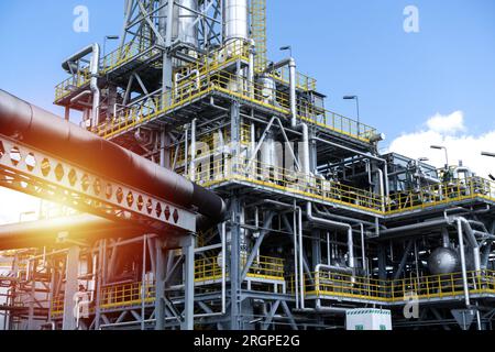 Oil refinery. Petroleum plant factory building. Big industrial zone equipment. Stock Photo