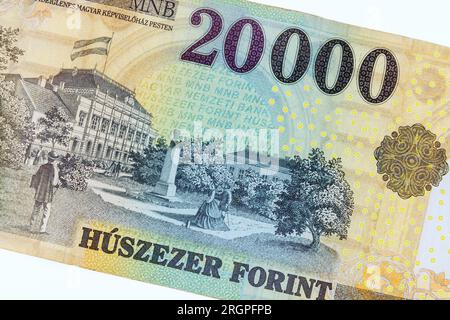 This showcases Hungarian currency note with face value of 20,000 HUF cash forint. Stock Photo